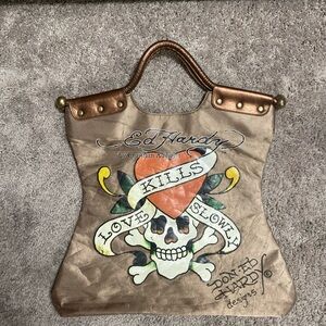 Vintage Y2K Ed Hardy Skull and Heart Tote - Brown and Orange